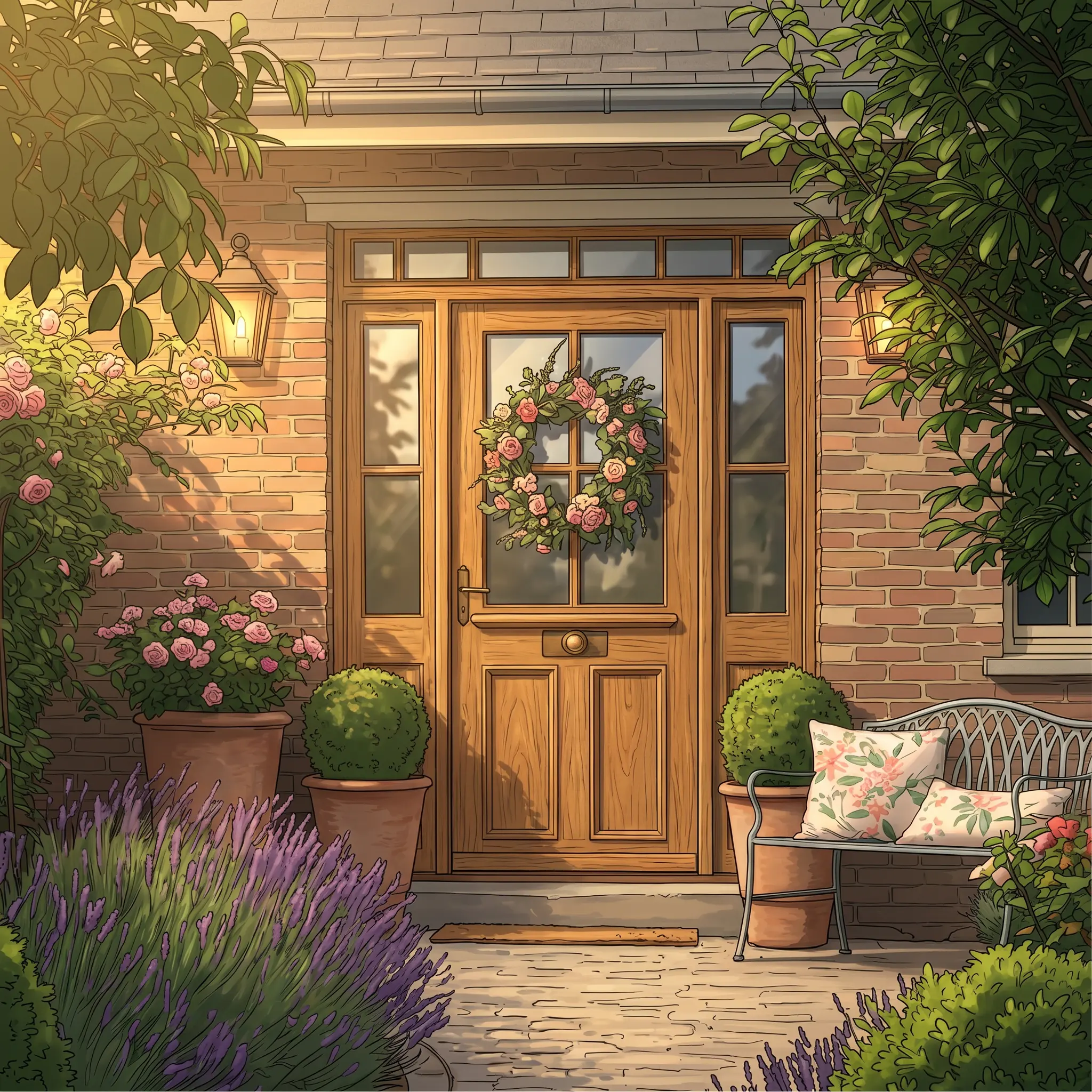 Approche fleurie d'une entrée de maison, style illustration ZYH