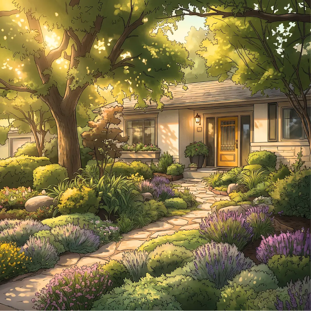 Chemin courbe fleuri menant à une entrée, style illustration ZYH
