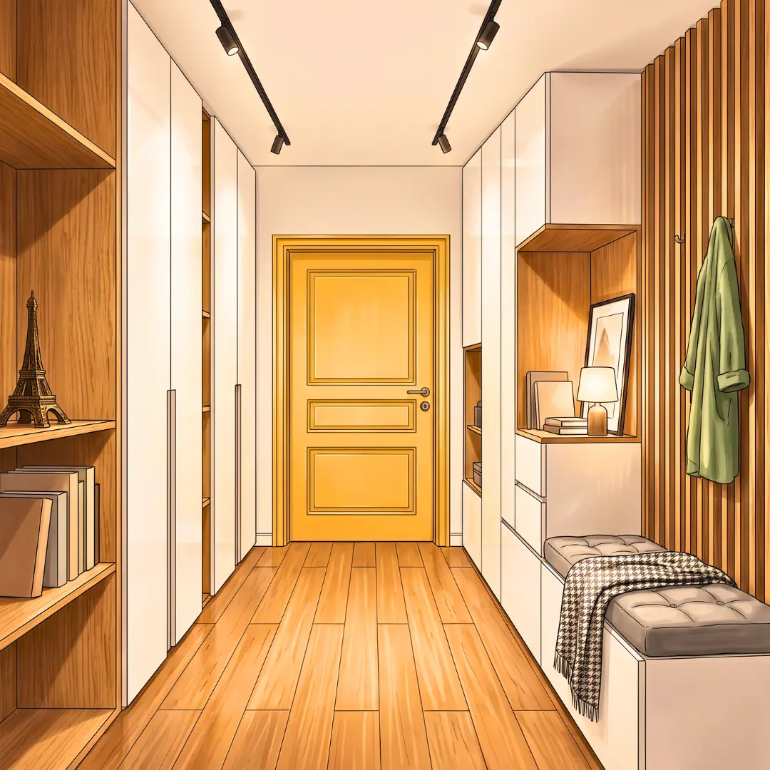 Hall intérieur vue 3/4, style illustration ZYH