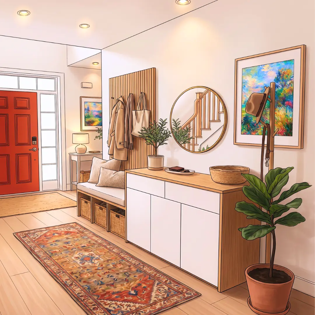 Hall intérieur, lumière chaude et matériaux naturels, style illustration ZYH